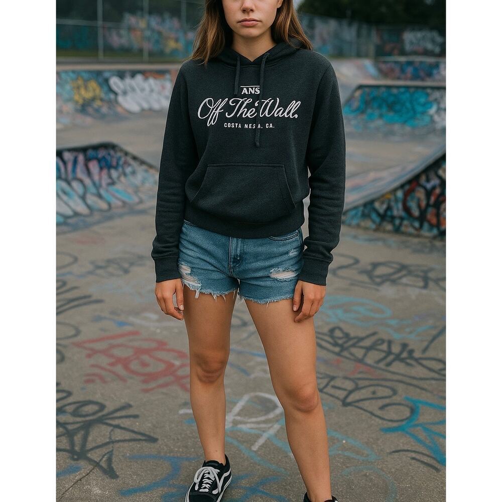 Vans Off The Wall Hoodie XS Black Logo Pullover Sweatshirt